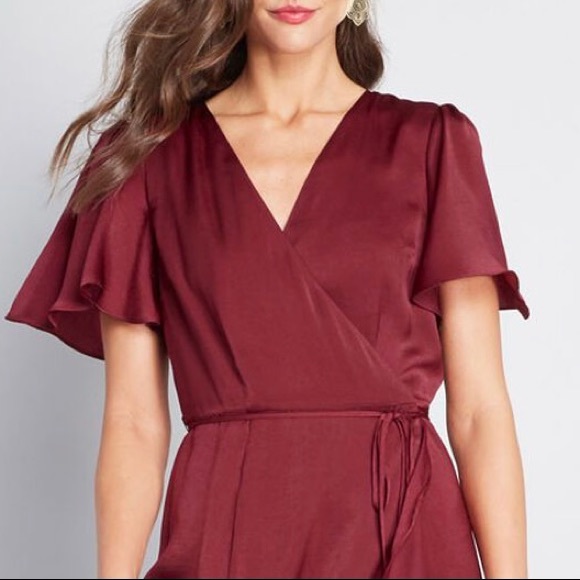 ModCloth Wine/Maroon Wrap Dress Size XXS 00/0 Gorgeous Ruffled Hem - Picture 2 of 13